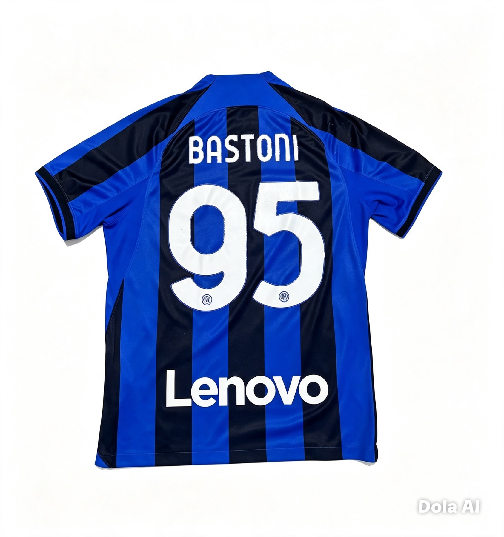 Back of an Inter Milan jersey with blue/black vertical stripes. Features "BASTONI" and "95" in white text, with a white "Lenovo" sponsor logo on the bottom