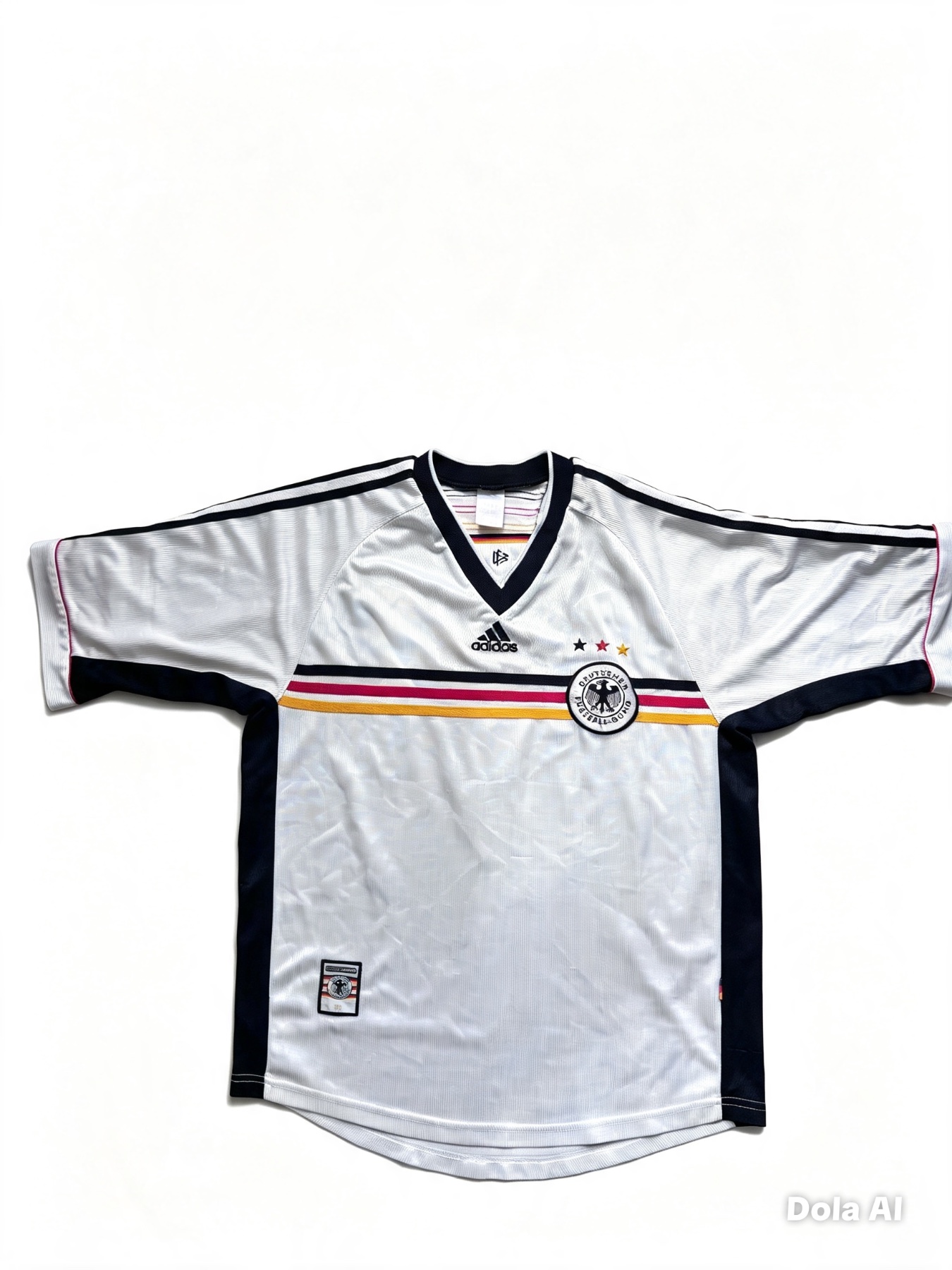 White vintage Germany home jersey with black, red, and gold chest stripes. Features the Adidas logo, a round DFB team crest, and black side panels.