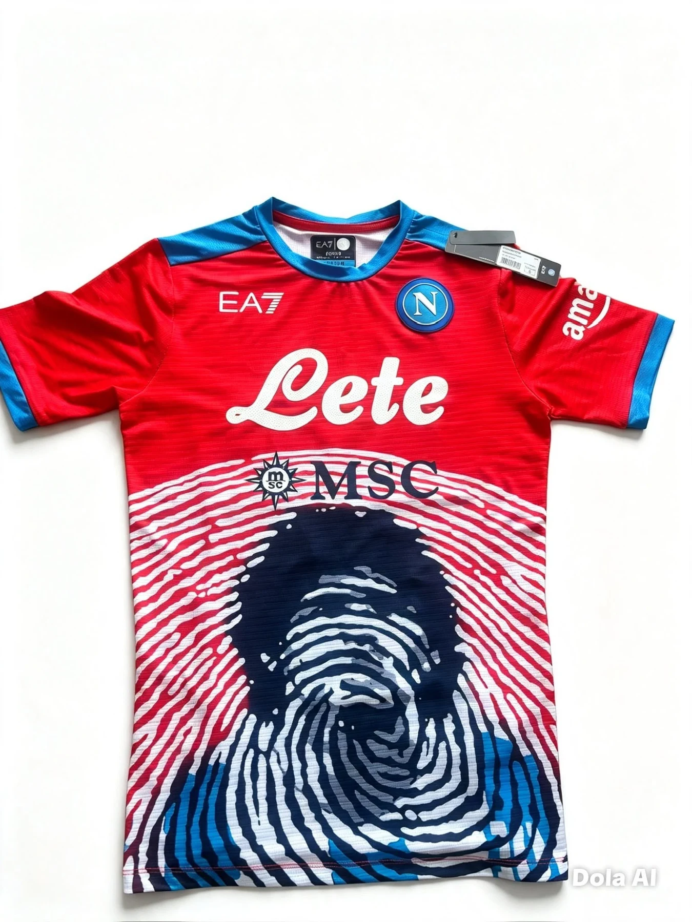 SSC Napoli 2021-22 red Maradona Special Edition football shirt by EA7, featuring the white Lete and MSC sponsors and the stylized fingerprint graphic of Diego Maradona.